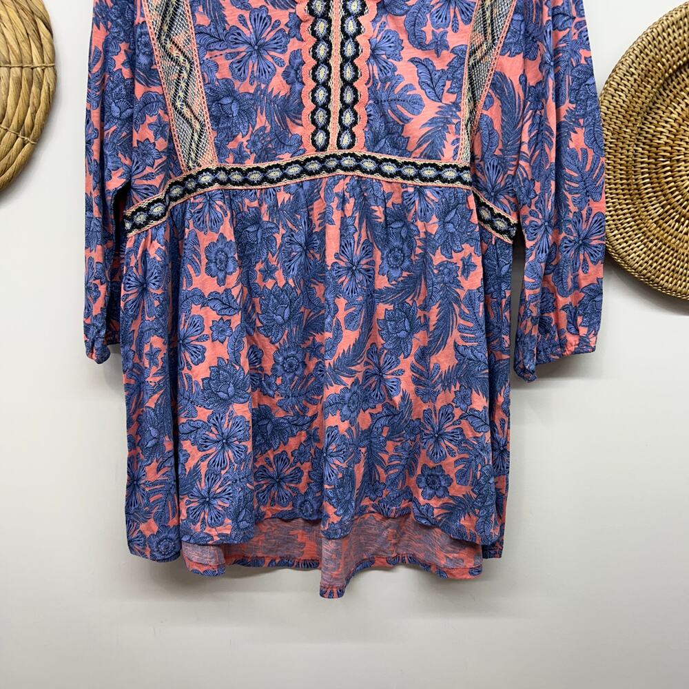 NEW J Jill Floral Embroidered Tunic Top Large Pink Blue Flower 3/4 Length Sleeve - Picture 5 of 7
